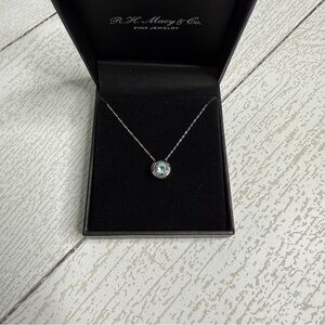 Macy’s 14K White Gold Aquamarine Pendant Blue Round Gem Necklace NWT